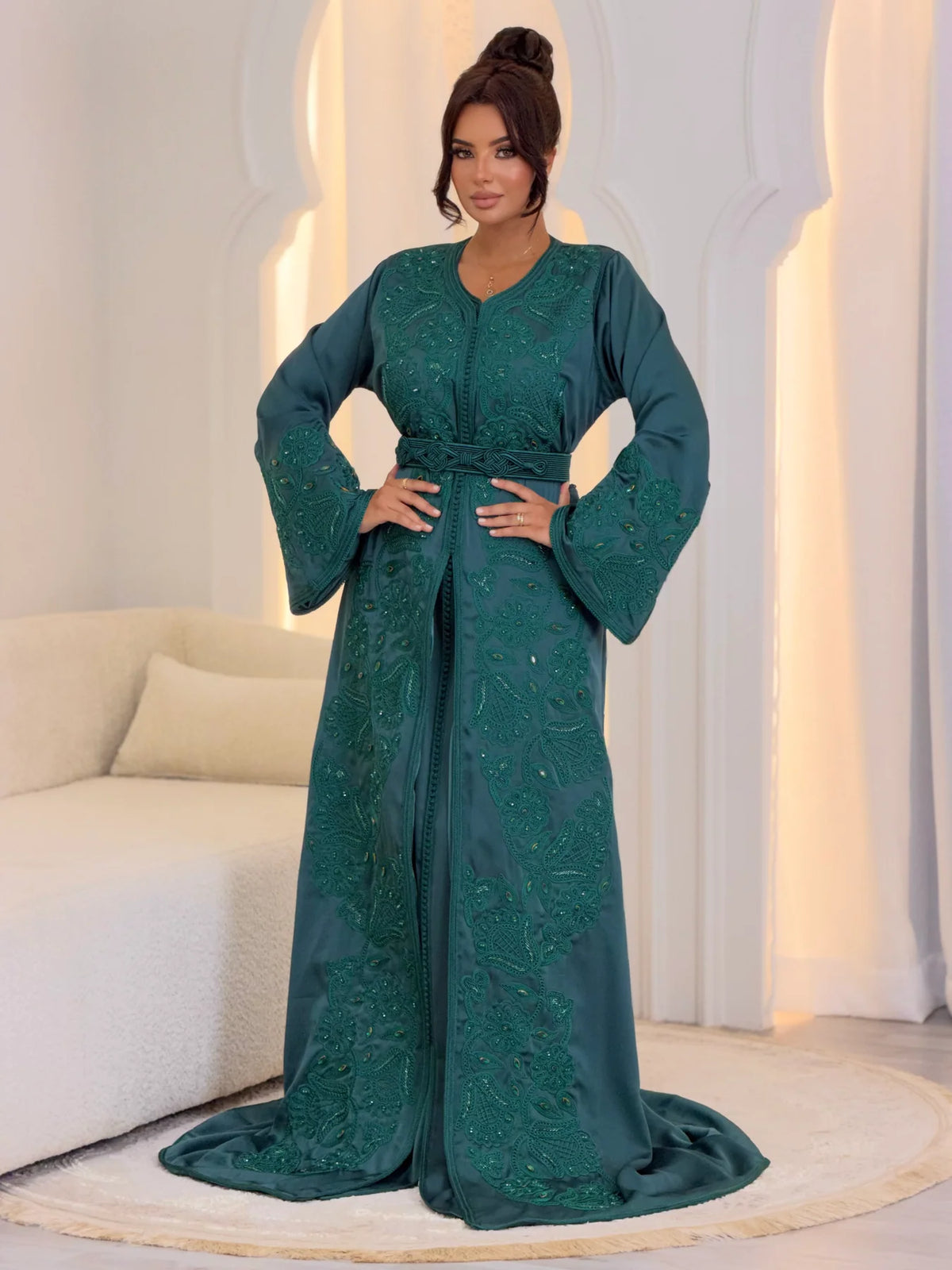 Aminaa teal Moroccan takchita with tonal embroidery, wide cuffs and a matching belt