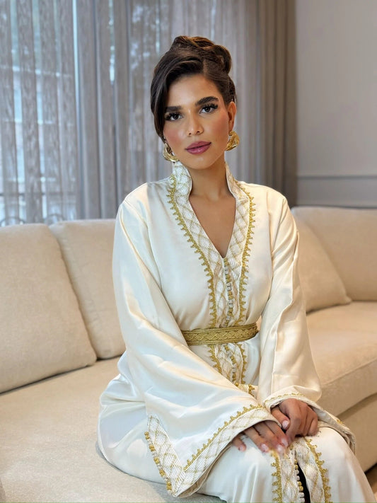 Baraa Weißer Kaftan – Handgefertigtes marokkanisches Kleid