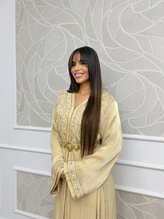 Fotoun Moroccan takchita two-piece ceremonial dress with hand-set embroidery and mdamma belt