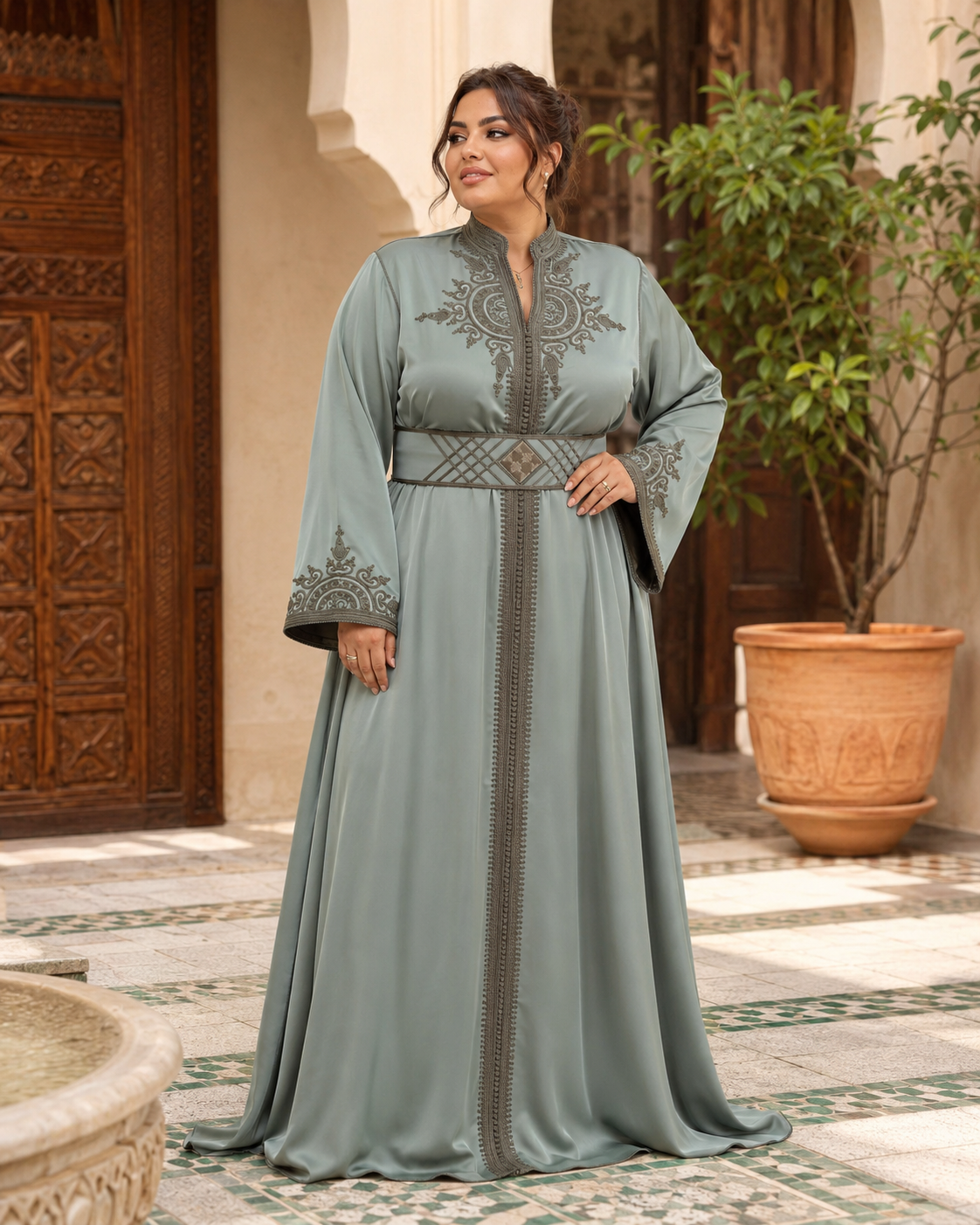 Hoyam Grauer Kaftan – Handgefertigtes Marokkanisches Kleid — plus-size model