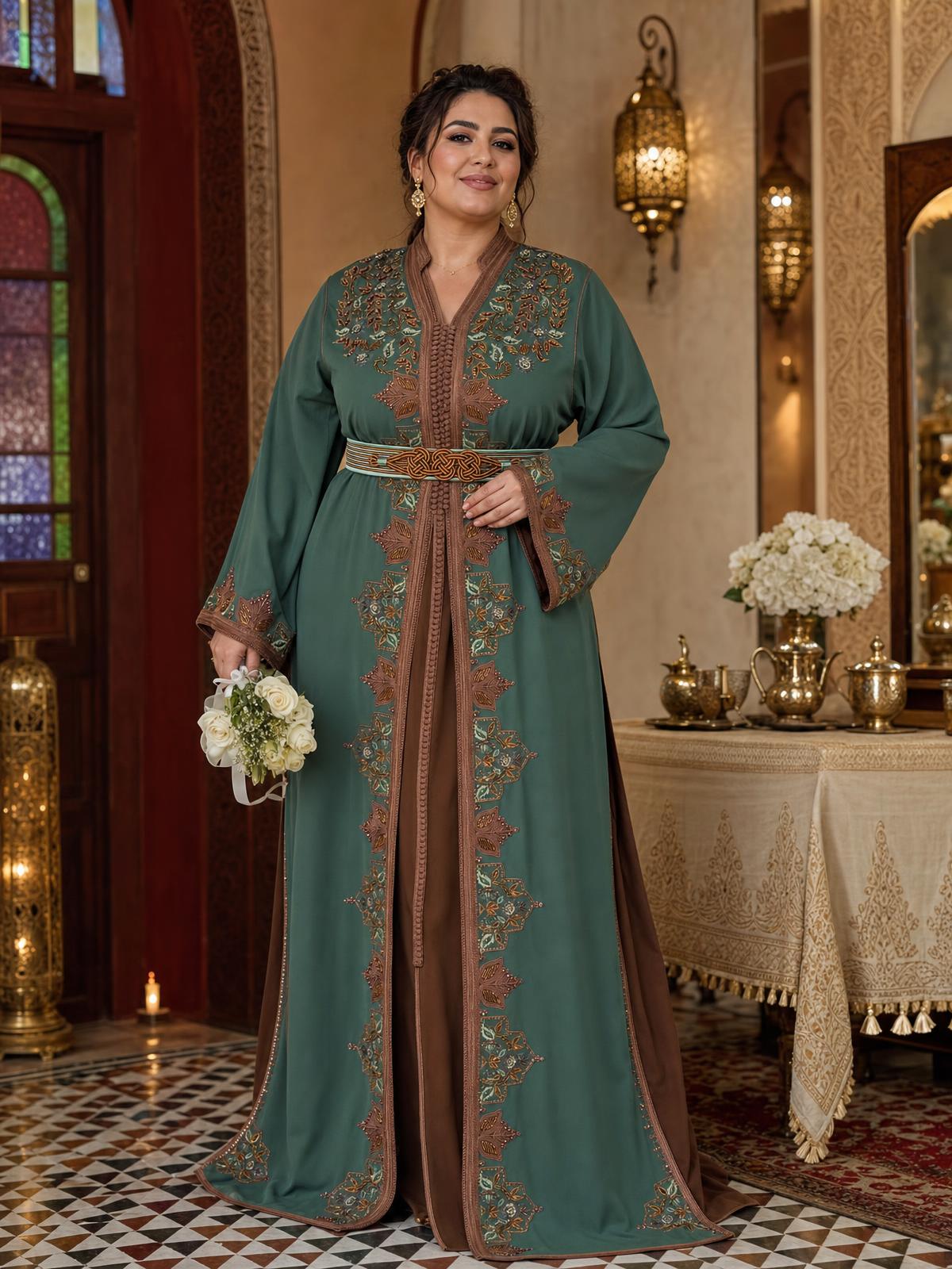 Keltoum Grüne Takchita – Zweiteiliges marokkanisches Zeremonienkleid — plus-size model