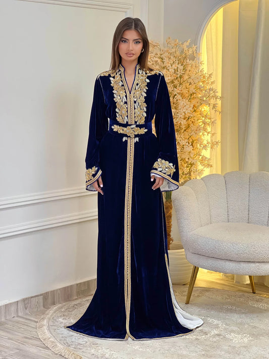 Lamar Marineblaues Kaftan – Handgefertigtes marokkanisches Kleid
