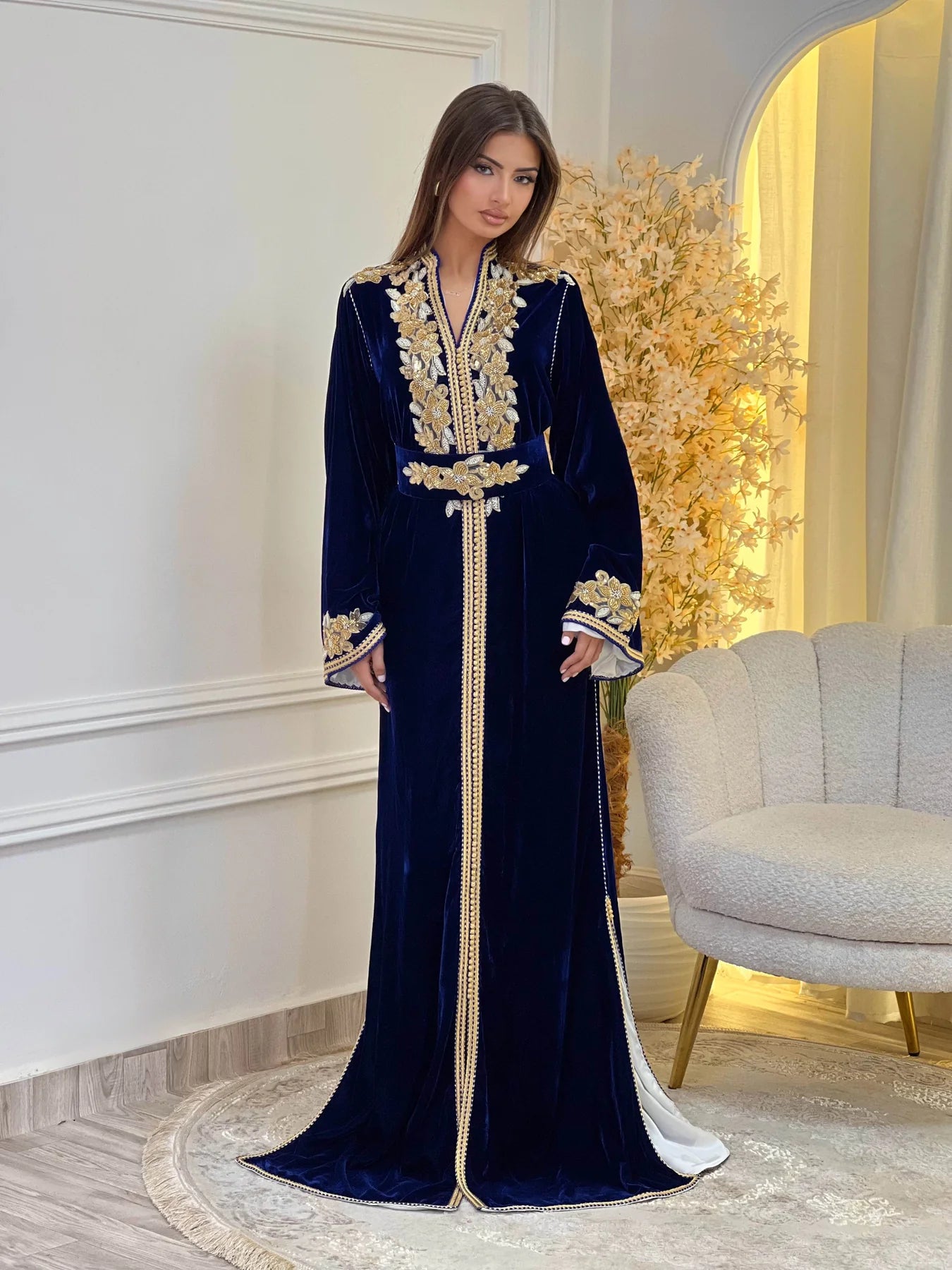 Lamar Marineblaues Kaftan – Handgefertigtes marokkanisches Kleid – Produktansicht 2
