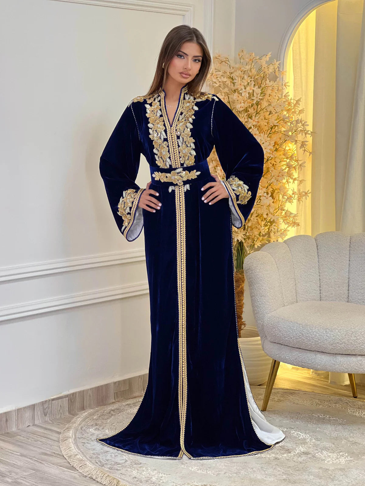 Lamar Marineblaues Kaftan – Handgefertigtes marokkanisches Kleid – Produktansicht 3