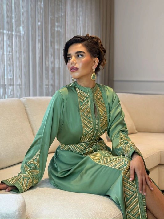 Sirina Grüner Kaftan – Handgefertigtes marokkanisches Kleid