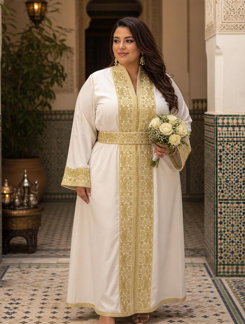 Nadia Weißes Kaftan – Handgefertigtes marokkanisches Kleid — plus-size model