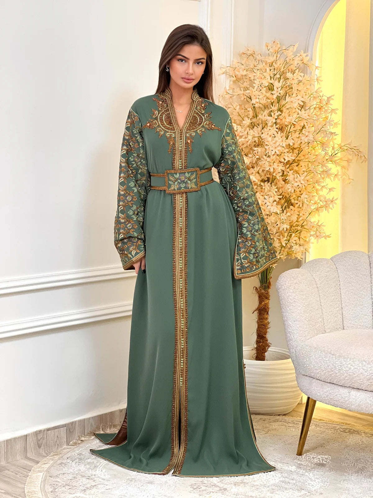Nariman Green Kaftan – Handcrafted Moroccan Dress – product view 2