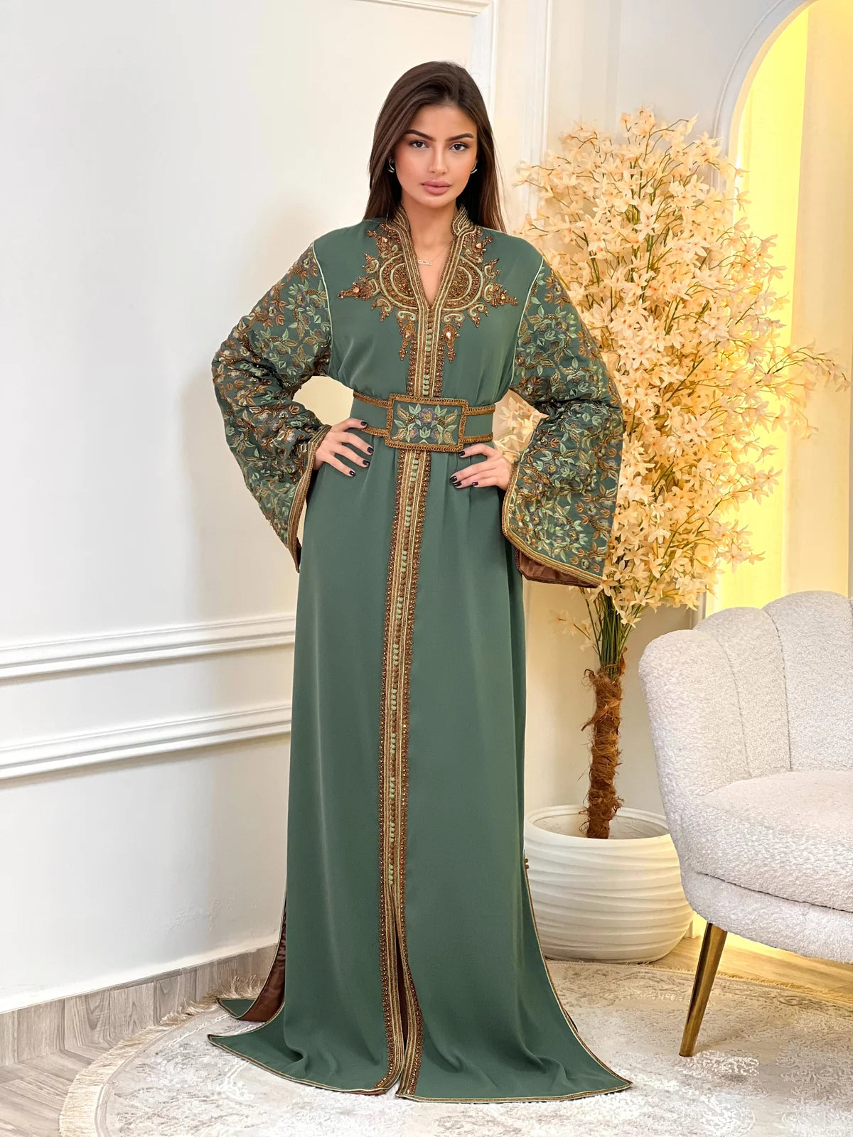 Nariman Green Kaftan – Handcrafted Moroccan Dress – product view 3