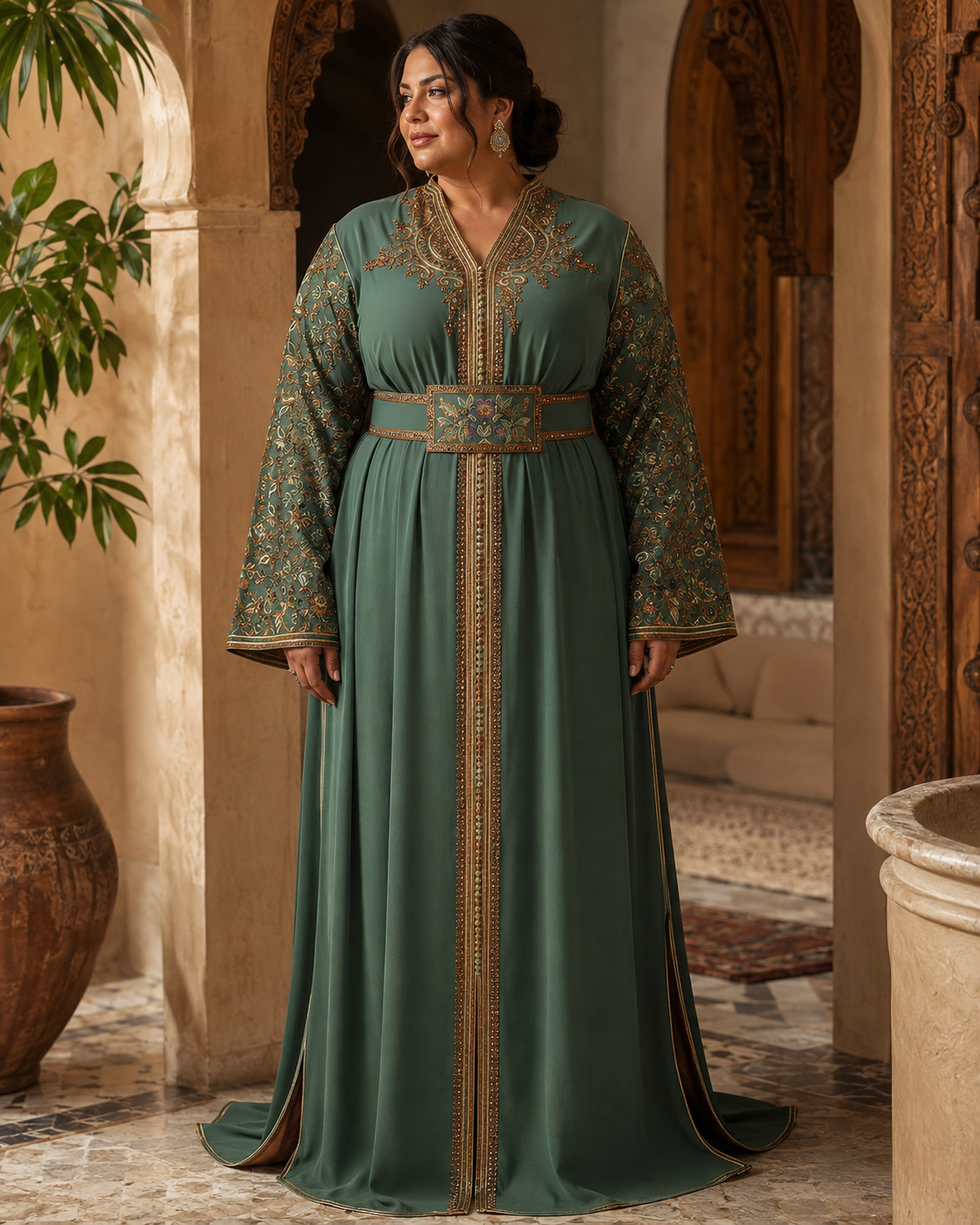 Nariman Grüner Kaftan – Handgefertigtes Marokkanisches Kleid — plus-size model