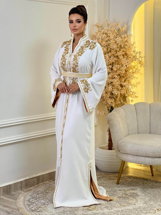 Rihab Weißes Kaftan – Handgefertigtes marokkanisches Kleid