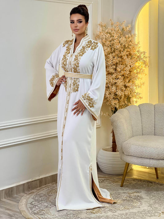 Rihab Weißes Kaftan – Handgefertigtes marokkanisches Kleid – Produktansicht 2