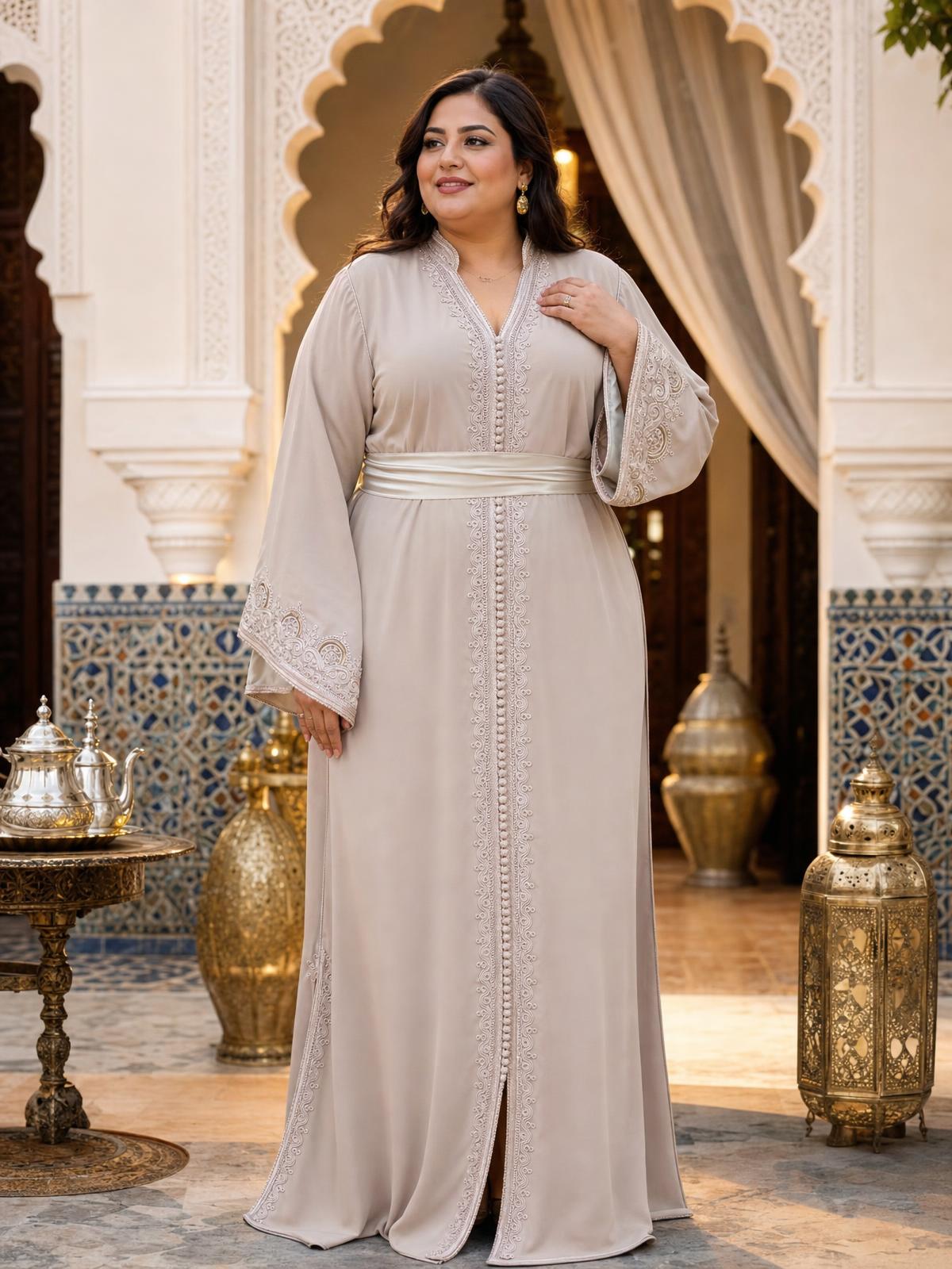Sajida Beiges Kaftan – Handgefertigtes marokkanisches Kleid — plus-size model